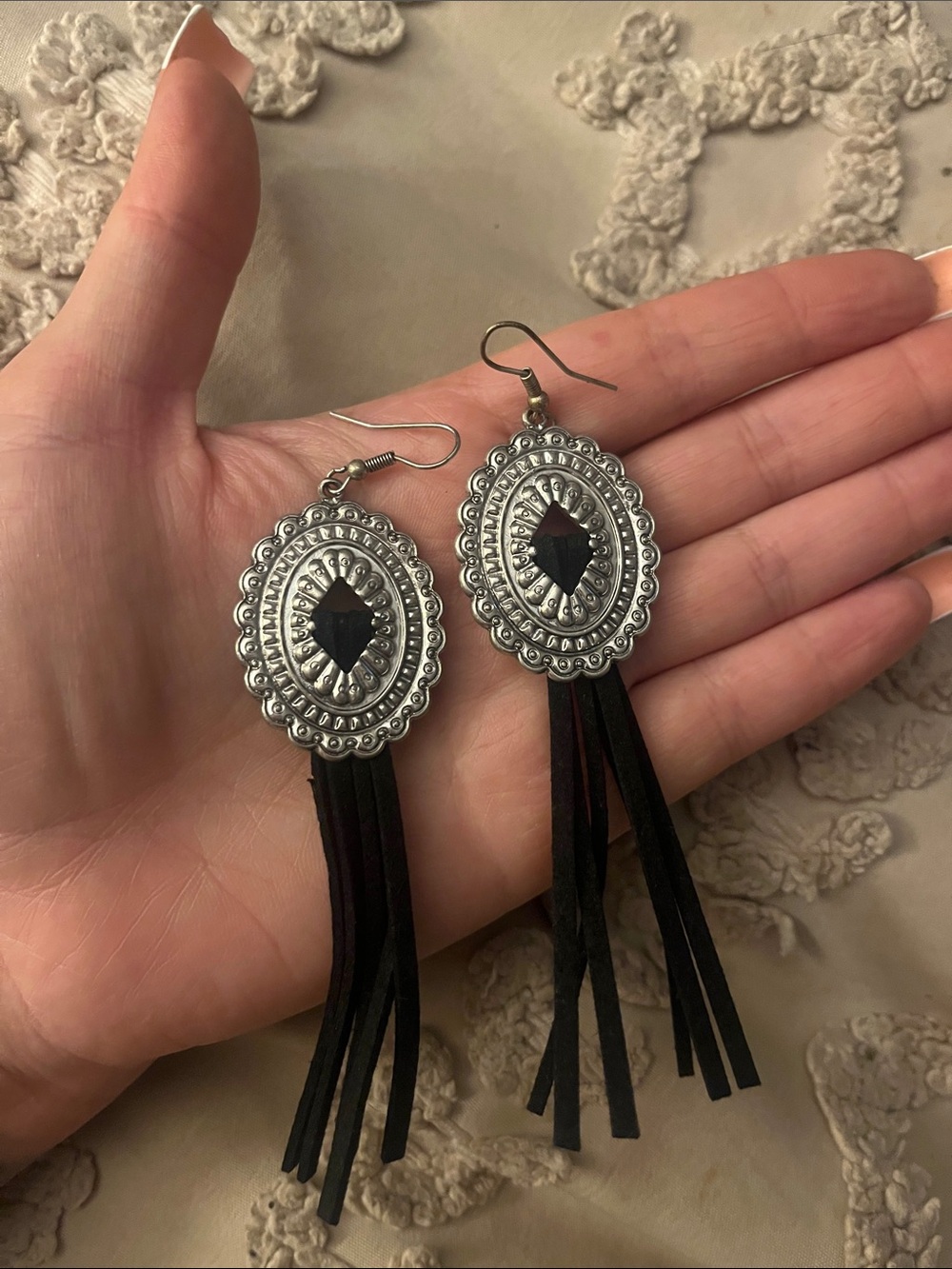 Bohemian Black Tassel Silver Concho Earrings - Unbranded